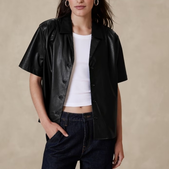 Banana Republic Factory Tops - Banana Republic black short sleeve faux leather button up shirt size small